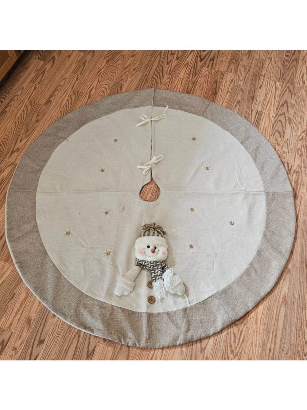 Rustic Linen Christmas Tree Skirt Plush 3D Snowman Applique 51" Beige Tan xmas